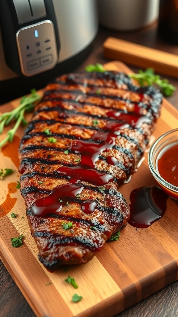 Juicy air fryer steak glazed with BBQ sauce on a cutting board with herbs and a bowl of sauce.